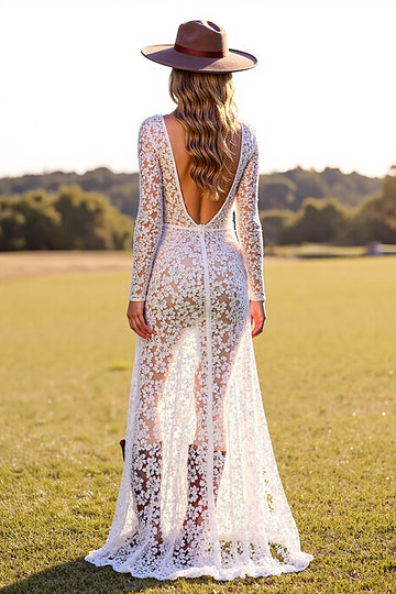 Lace White Long Sleeve Wedding Dress with Slit
